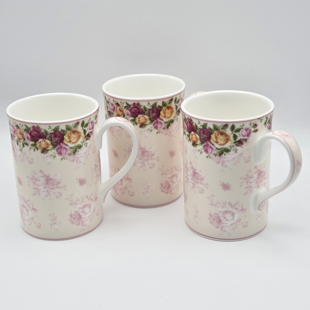 Set Of 3 Royal Albert Old Country Roses Floral Peach Damask Bone China Tea Mugs